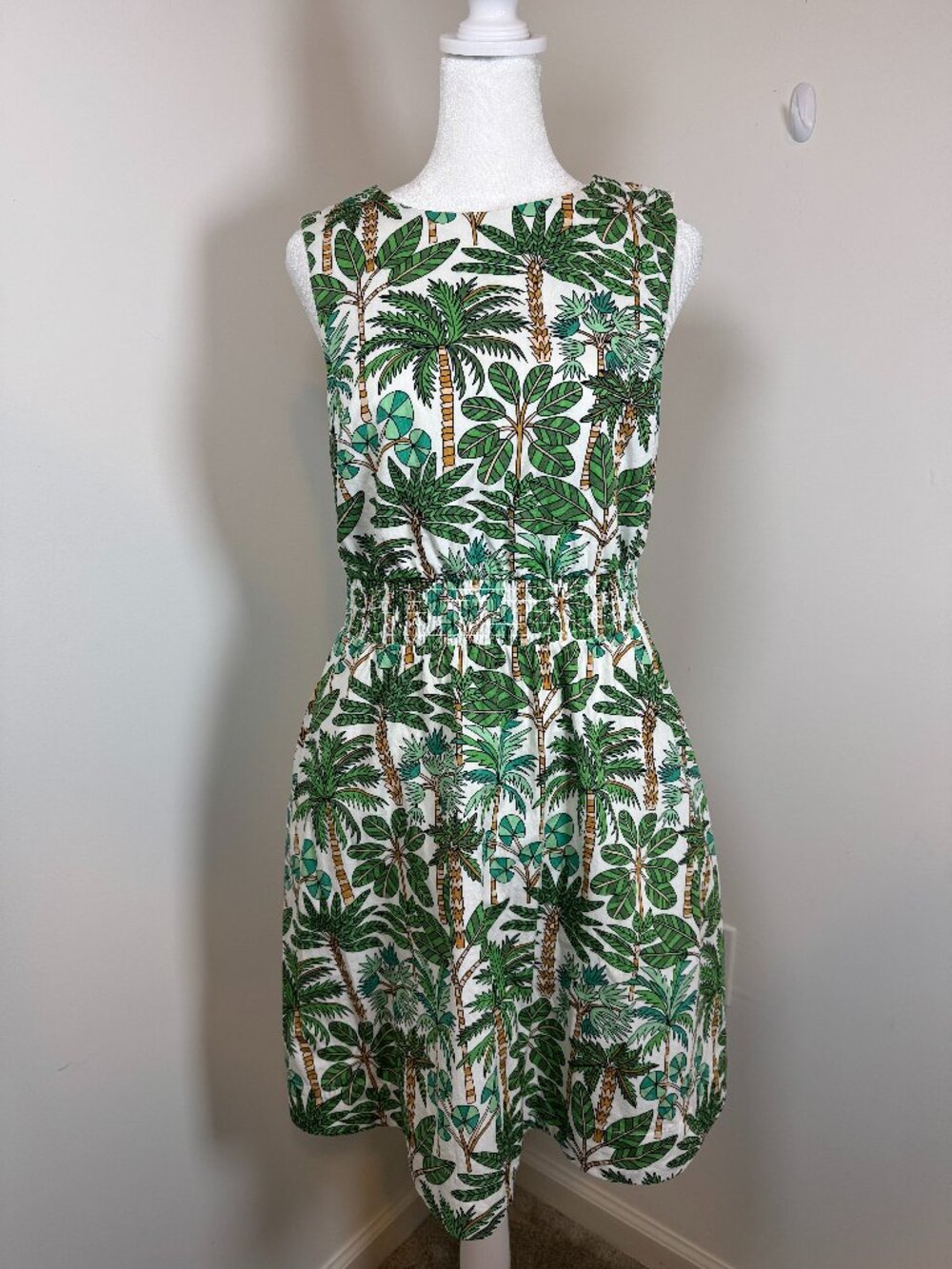 Boden White Green Tropical Palm Print Sleeveless Mini Dress